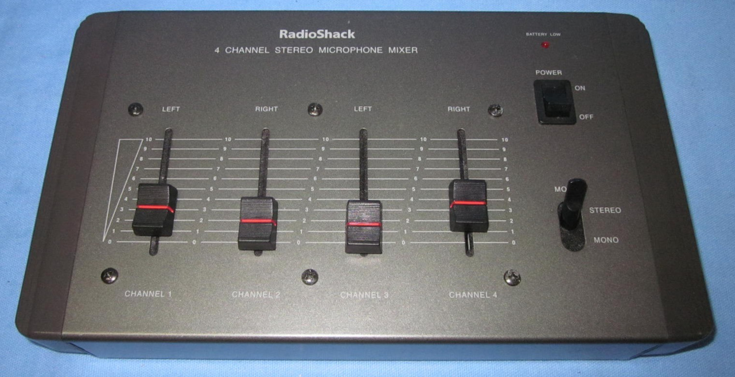 an untested Radio Shack 4 Channel Stereo Microphone Mixer 32-1106