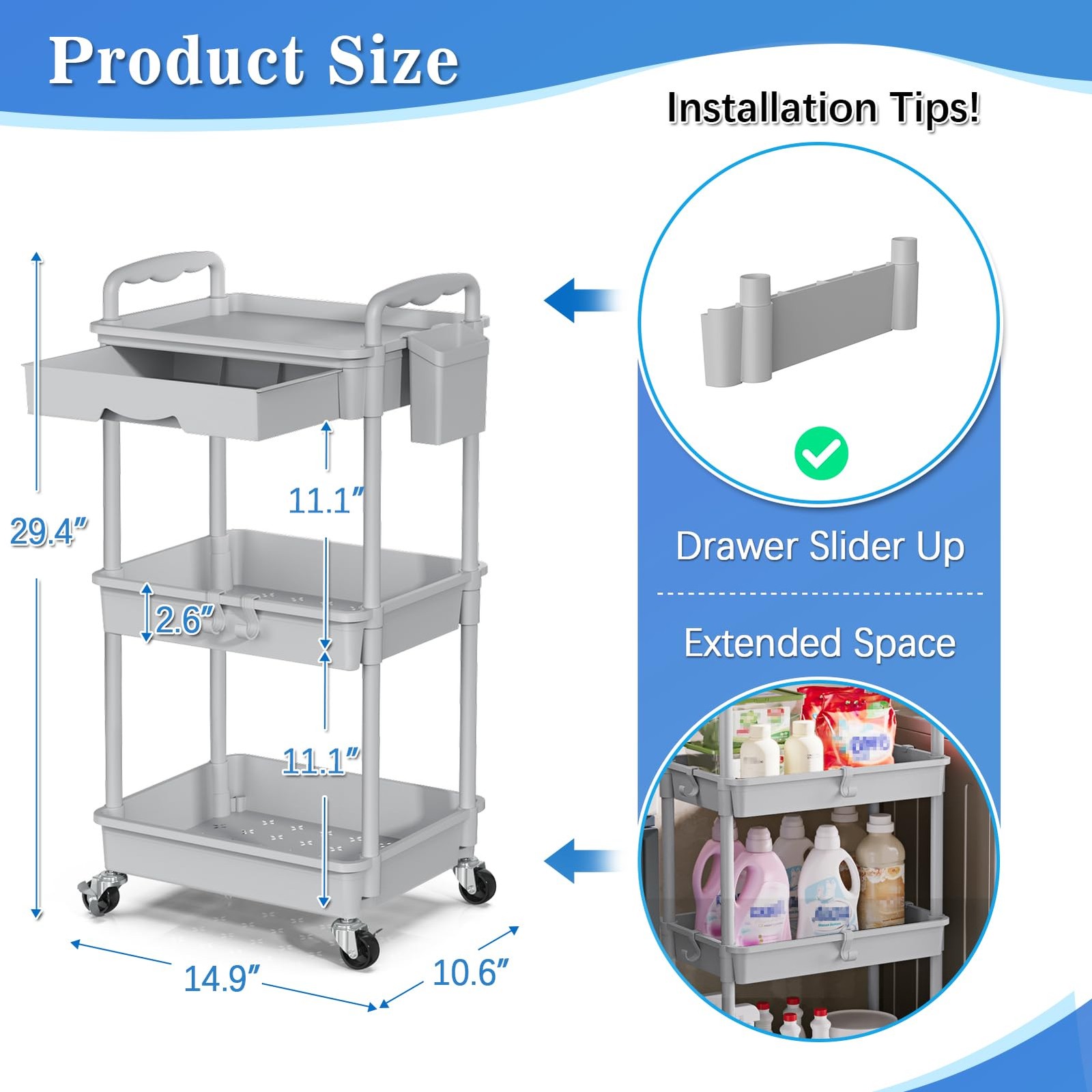 Gray 3 Tier Rolling Cart Drawer Bathroom Storage Organizer Lockable Wheels