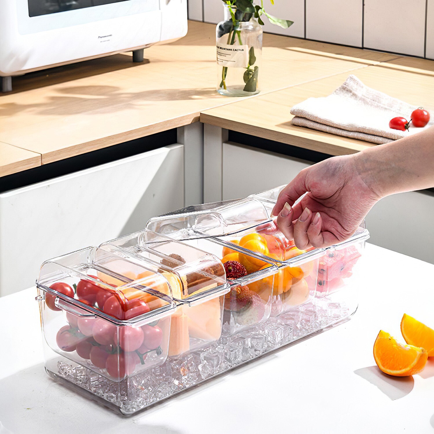 Ice Chilled Condiment Caddy, Condiment Server with Separate Lids Keep Fresh
