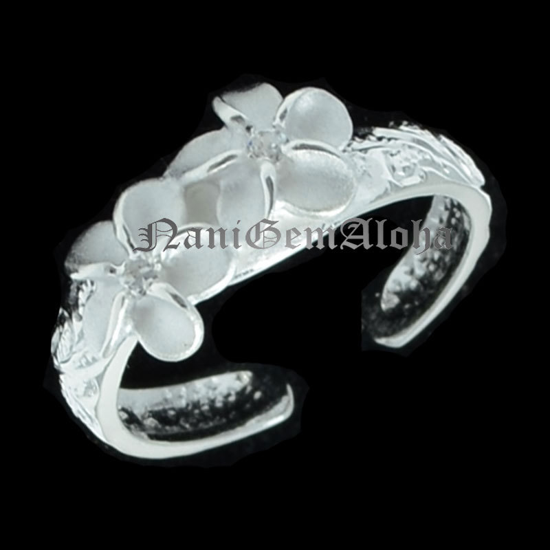 Hawaiian 925 Sterling Silver Scroll Engraved 2 Plumeria Flower 4mm Toe Ring CZ