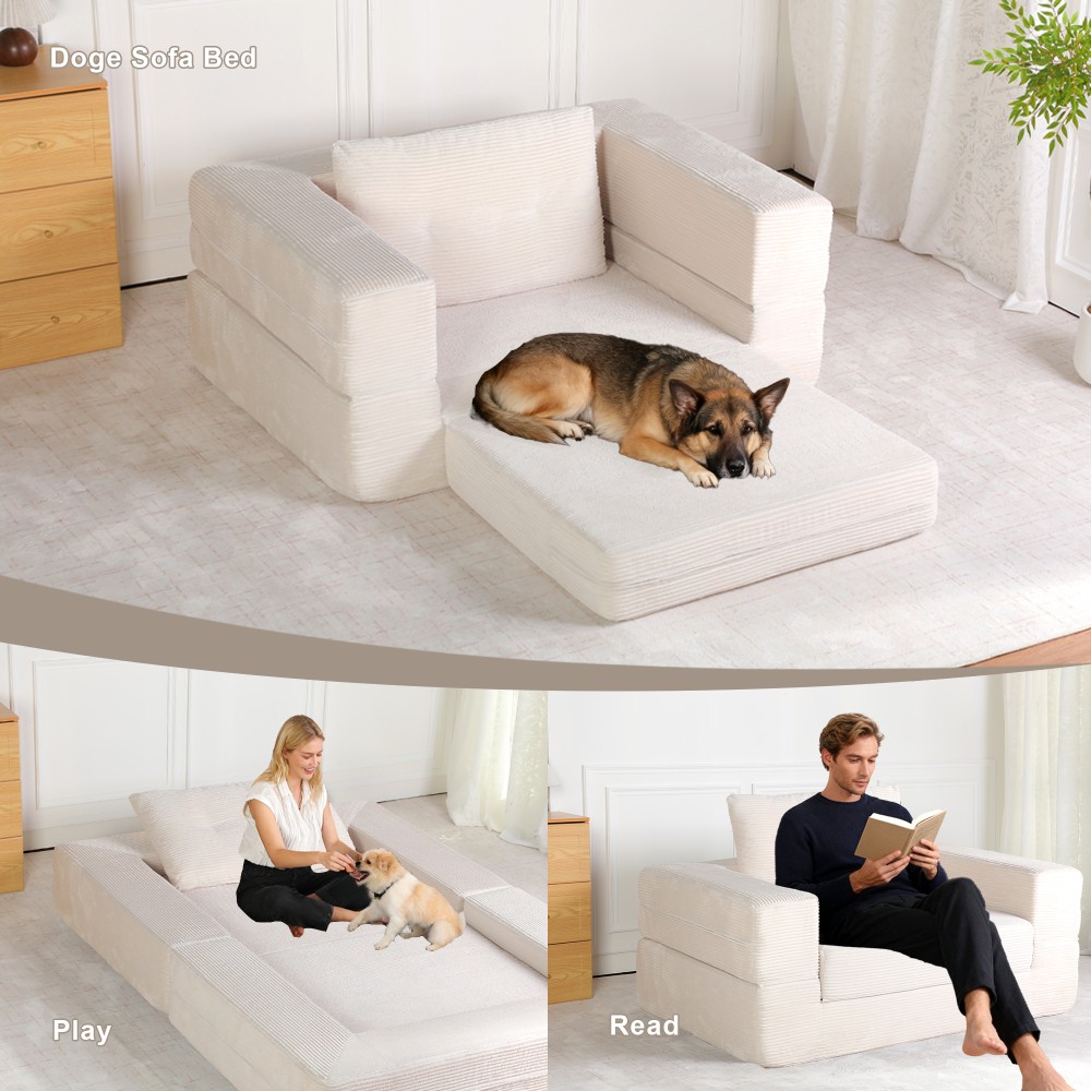 Compression Sofa Bed w/Pillow for Adult & Pets, Corduroy Fabric, Beige