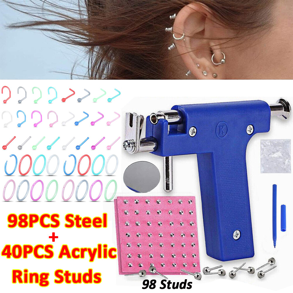 Professional Ear Piercing Gun 138pc Body Nose Navel Ring Stud Retainer Tool Kit