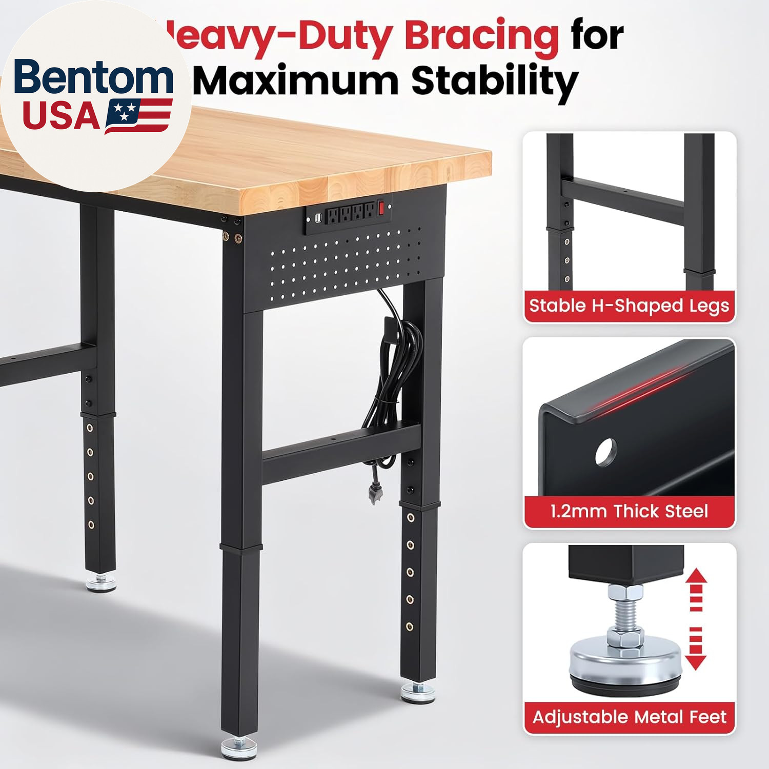 Workbench 72 X 24 Inch Heavy Duty Adjustable Height Work Table with Power Outlet