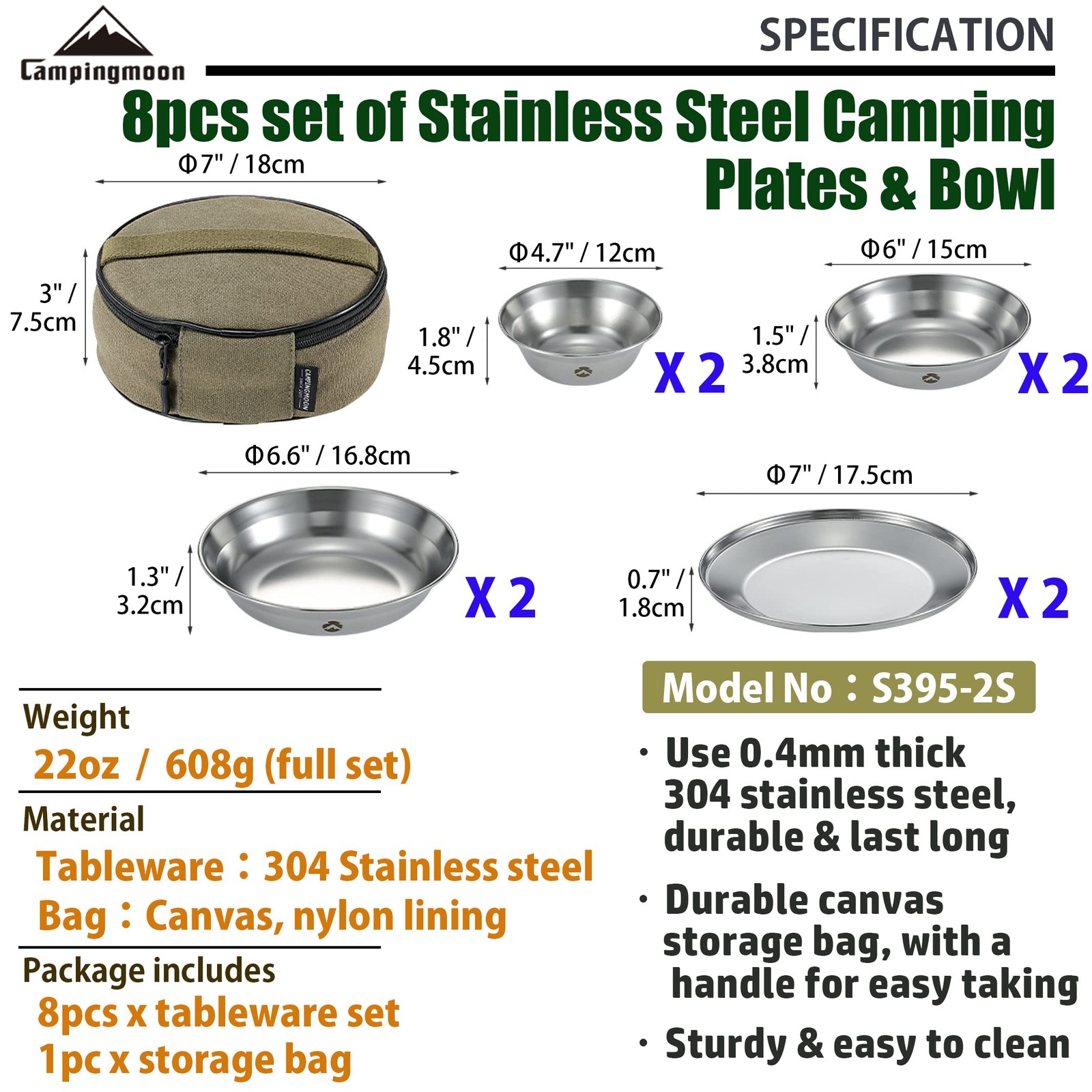 CAMPING MOON Tableware Camping Plate Stainless Steel Tableware Set 8 Pieces S395