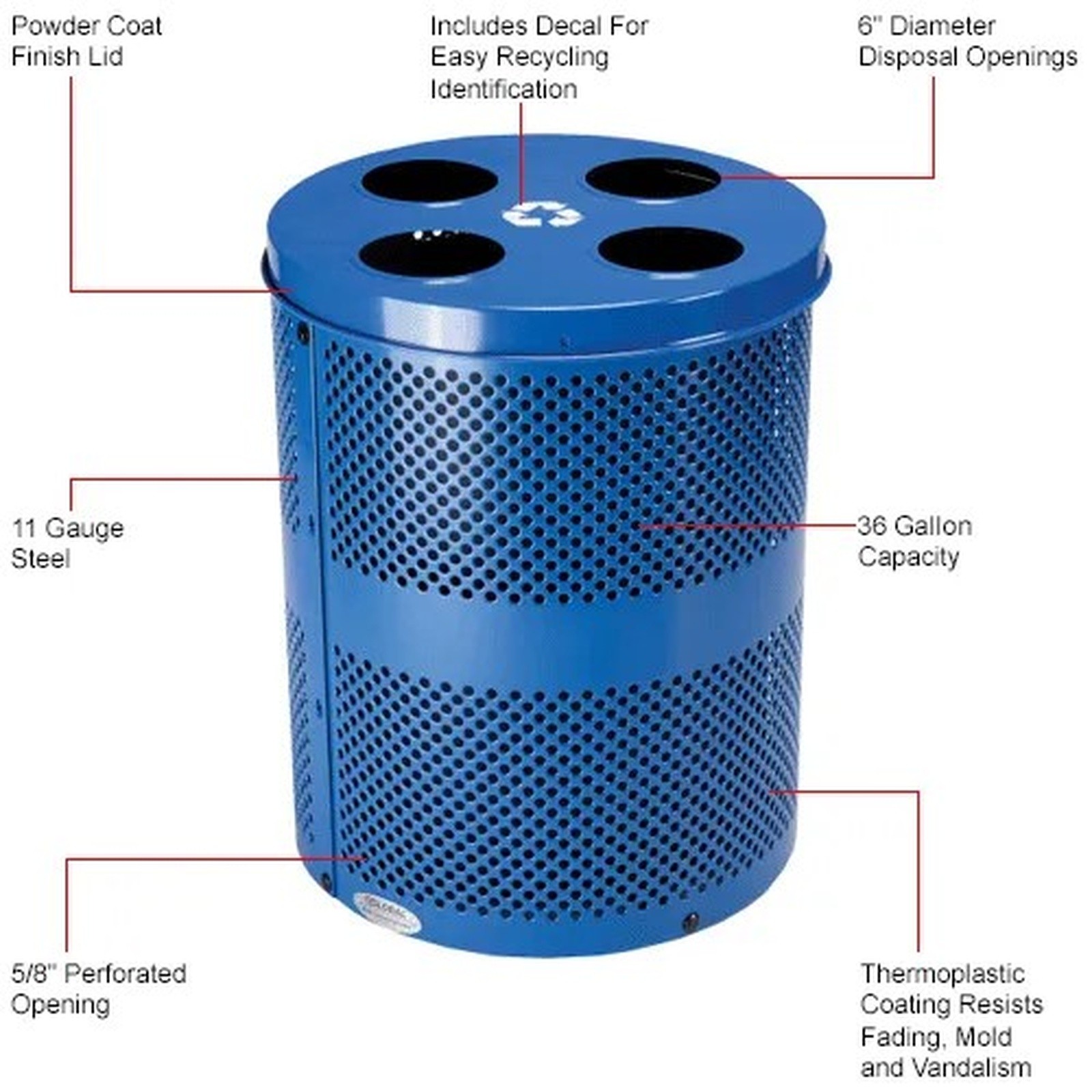 Outdoor Perforated Steel Recycling Can W/Multi-Stream Lid, 36 Gallon, Blue