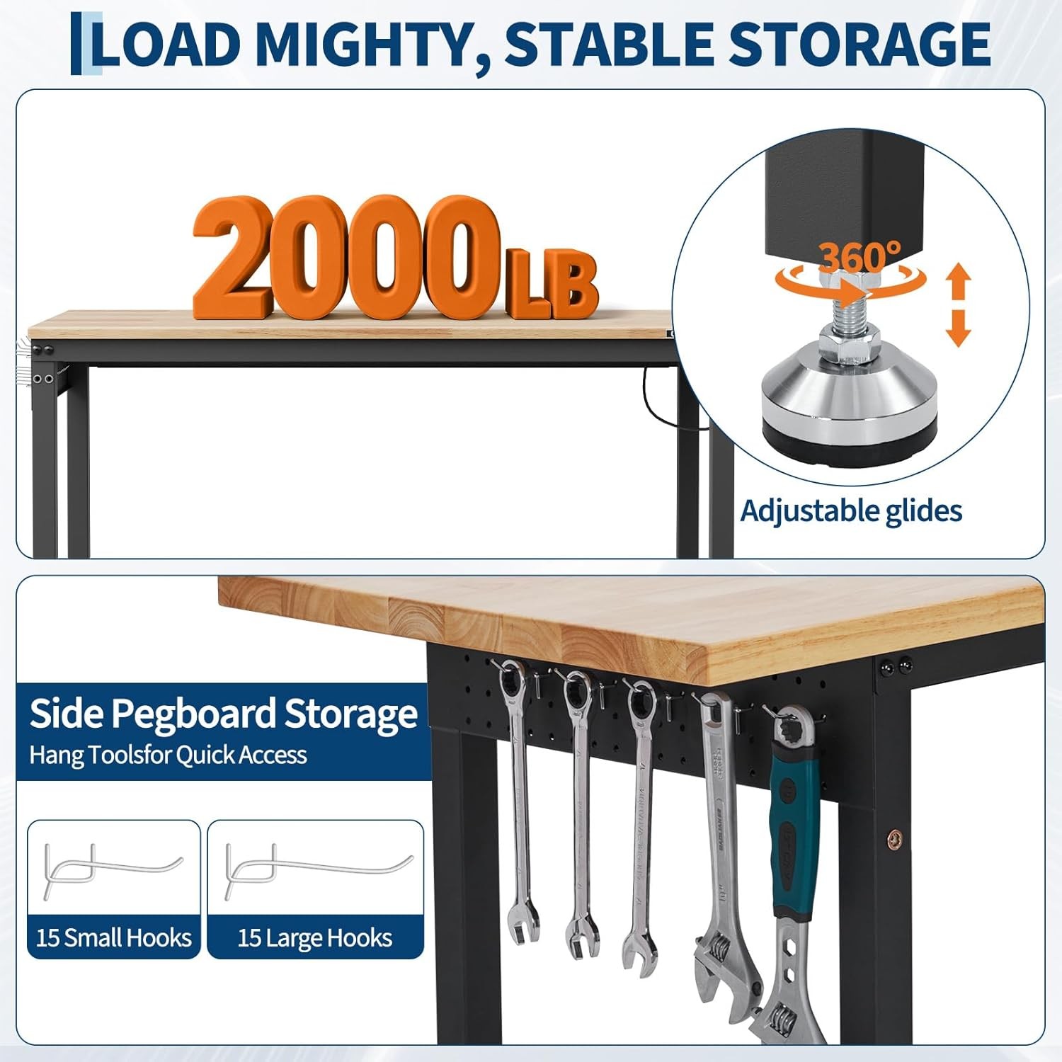 48 x 24” Adjustable Workbench with Pegboard Power Outlets Work Bench 125V 12A
