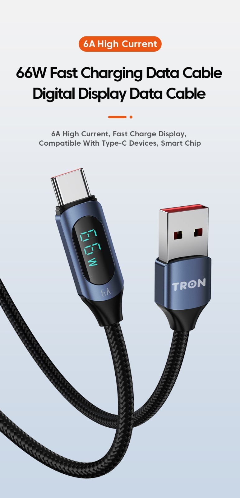 TRON USB A-C Digital Display Braided Charging Cable 6A | 5FT
