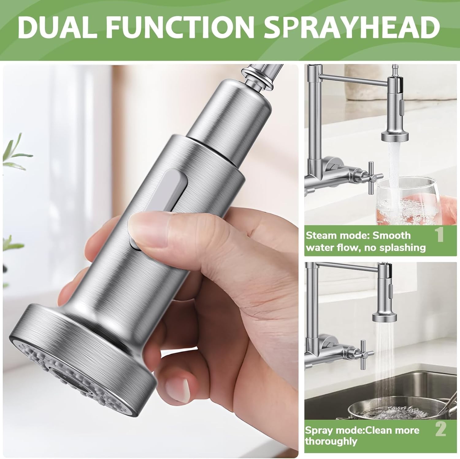 Commercial 8 Inch 2 Handle Wall Mount Kitchen Sink Faucet with Pull Down Sprayer