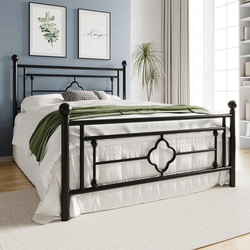 Black Metal Platform Bed Frame Twin Full Queen King Size Quatrefoil Headboard