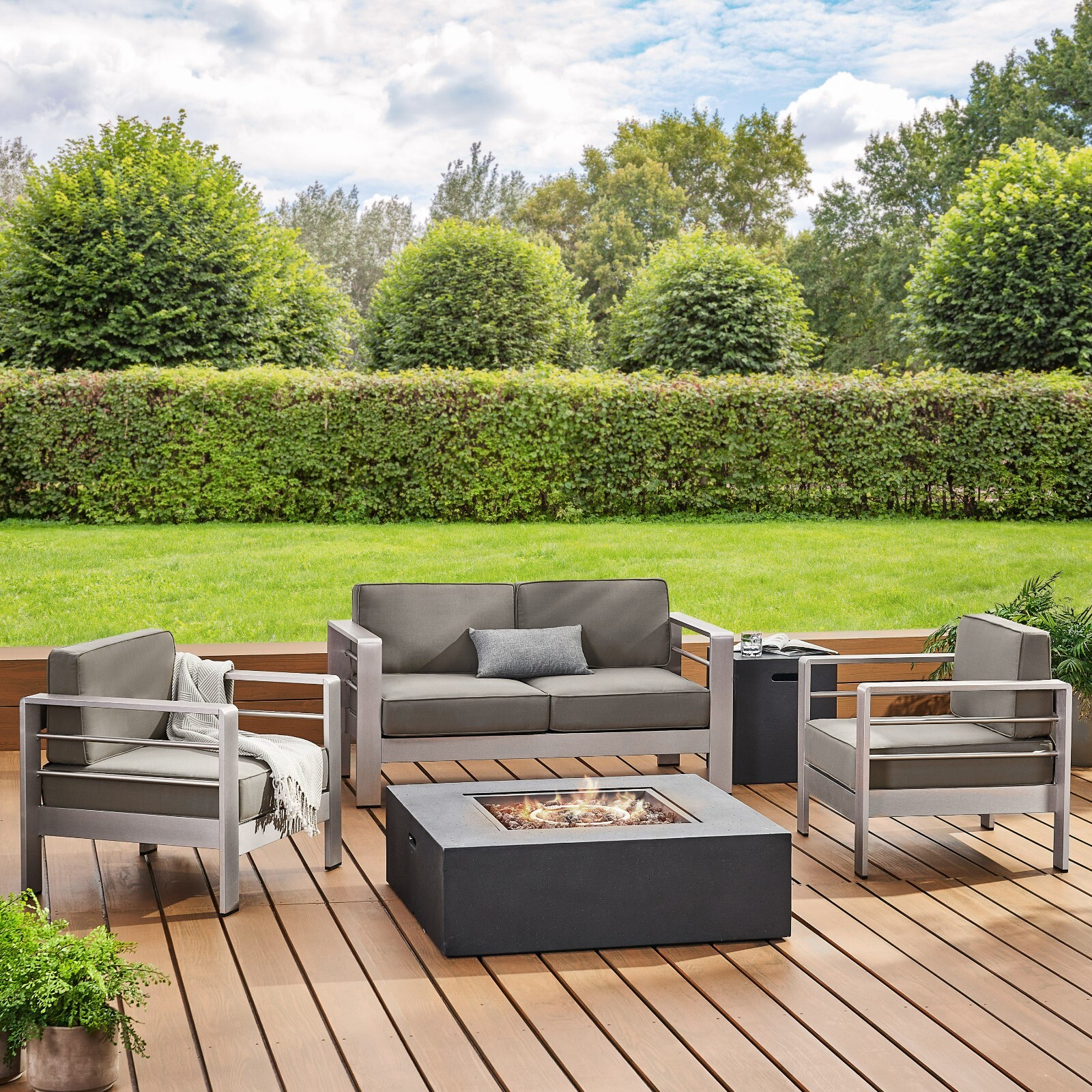 Coral Bay Outdoor Aluminum Khaki Chat Set w/ Fire Table
