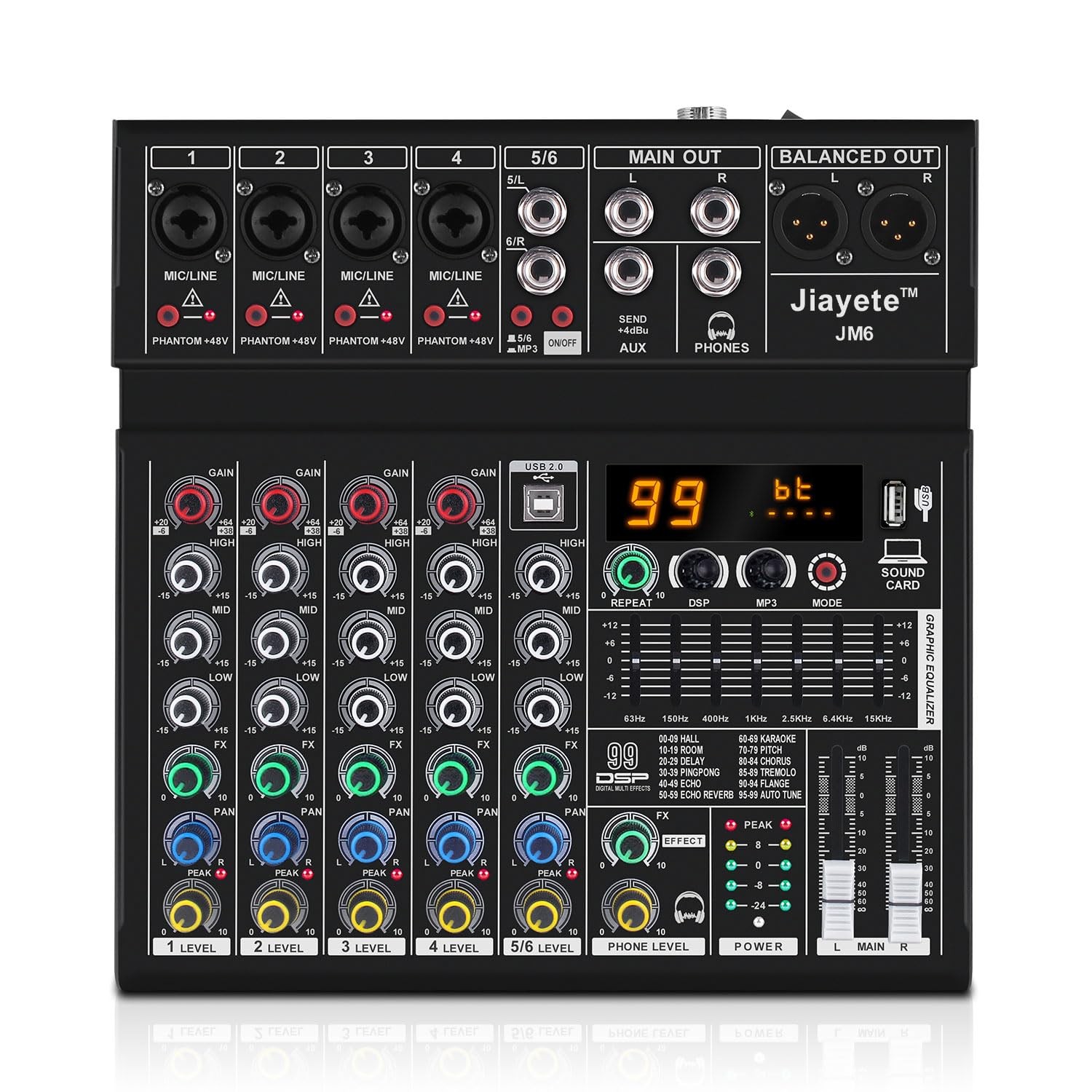 6 Channel Professional DJ Mixer Audio Mixer DSP 99 Preset Effects Metal Blue