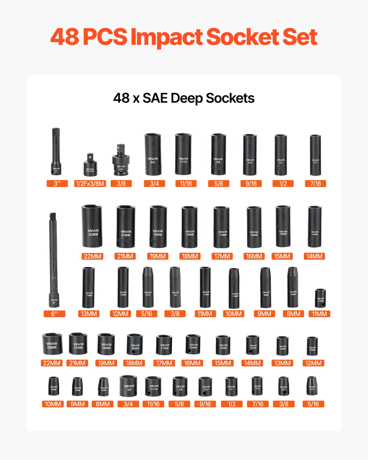 VEVOR Impact Socket Set 3/8" Drive 48-Piece Socket Set 6-Point with Storage Case