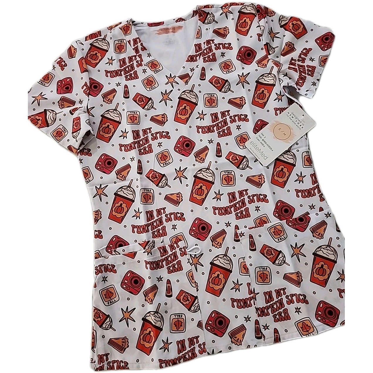 Fall/Thanksgiving /Autumn-themed Poly Performance 3-Pocket Scrub Top NWT SMALL