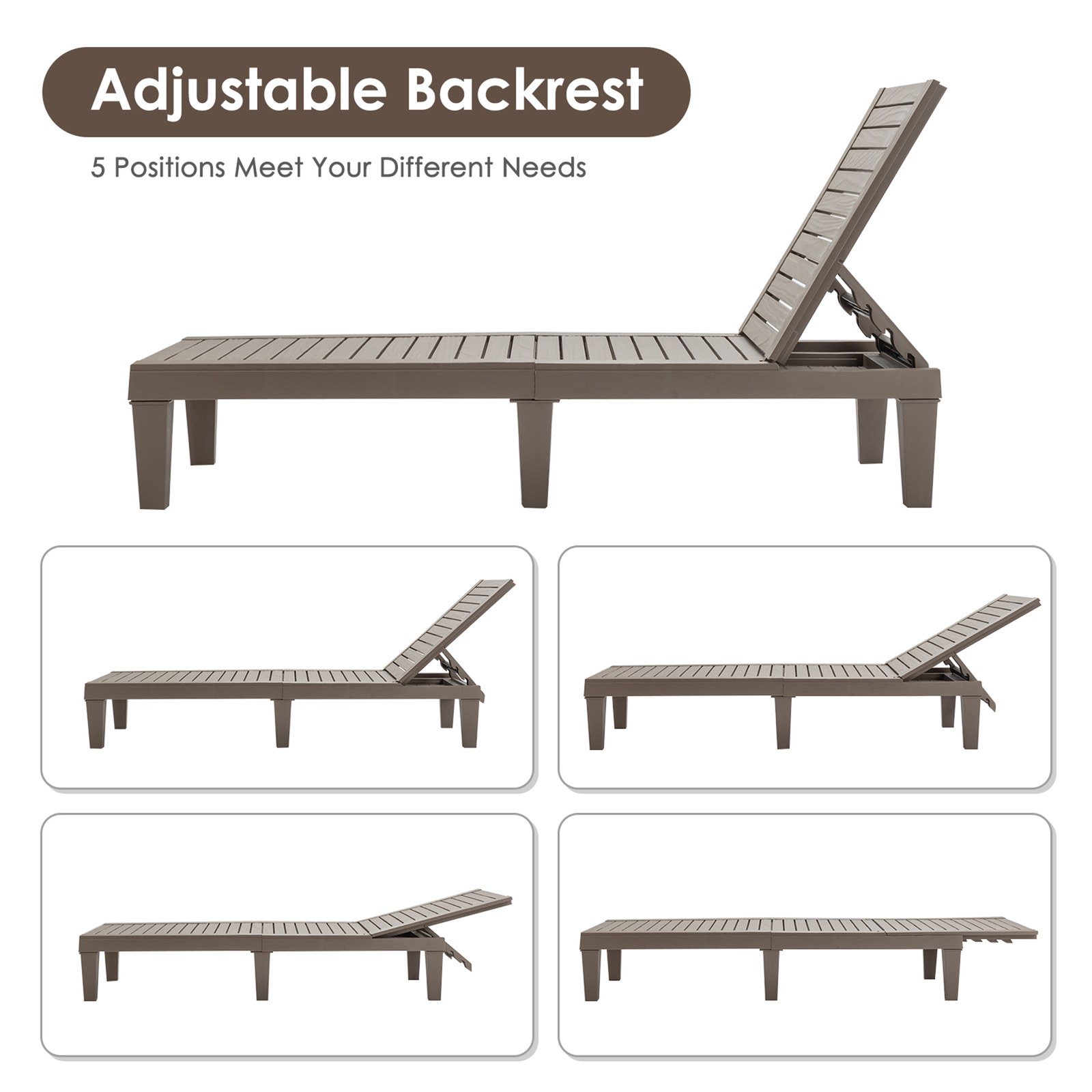 Set of 2 Patio Outdoor Chaise Lounge Chair Recliner w/ Adjustable Backrest Brown