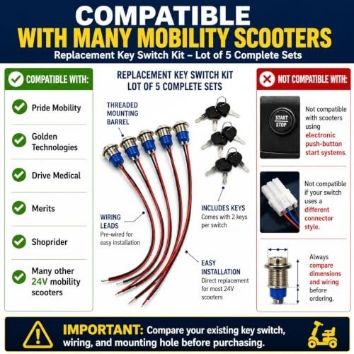 Replacement Ignition Switch with Key for Mobility Scooters - Includes Easy