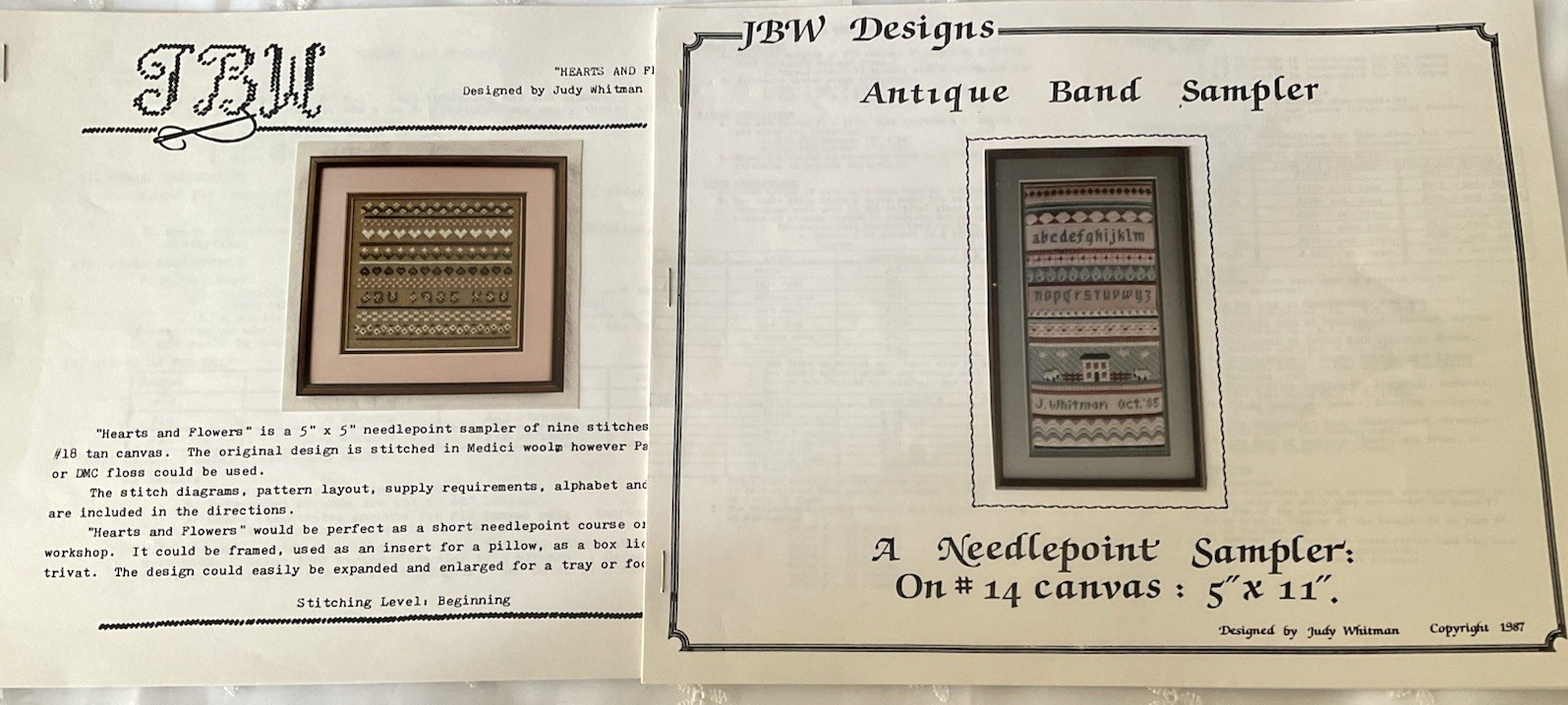 JBW Needlepoint Charts Lot of 2 Antique Band Sampler and Hearts and Flowers New