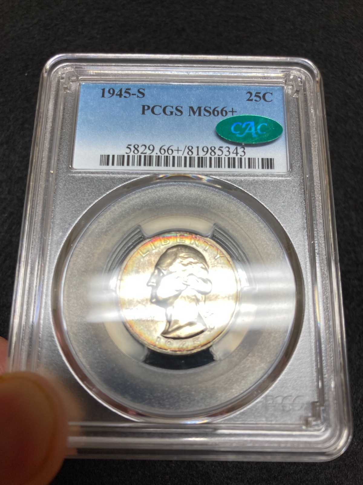 1945-S PCGS CAC MS66+ (Plus) Washington Quarter w/ Breathtaking Rainbow Toning