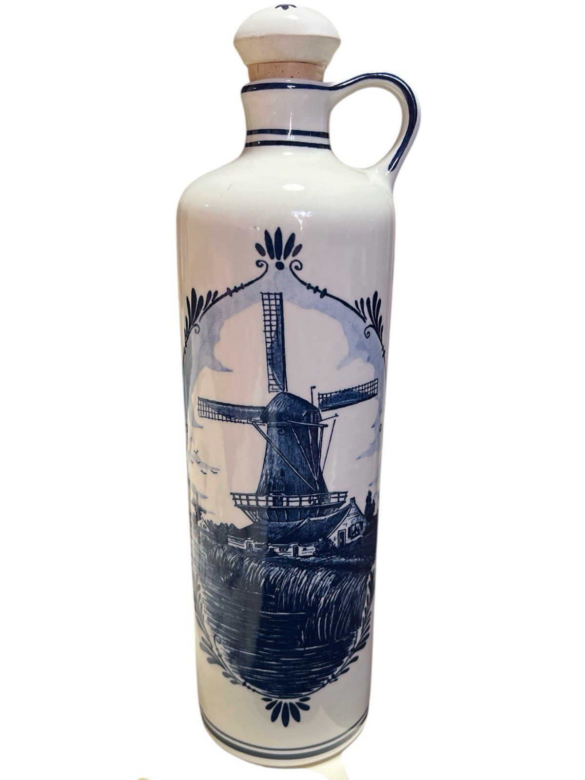 Holland Delft Hand Painted EMPTY Bottle With Stopper 11.5 Inches Windmill