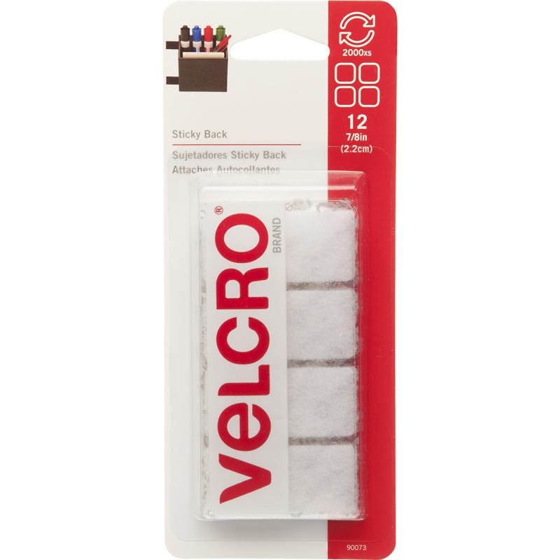 Velcro 90073 Adhesive Back Tape 0.88" x 0.88" White 12/Pack