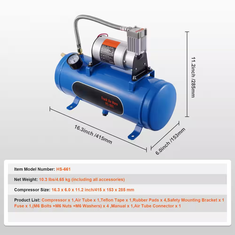 12-Volt Air Compressor with Tank 1.6 Gal., Train Horn Air Compressor, Working Pr