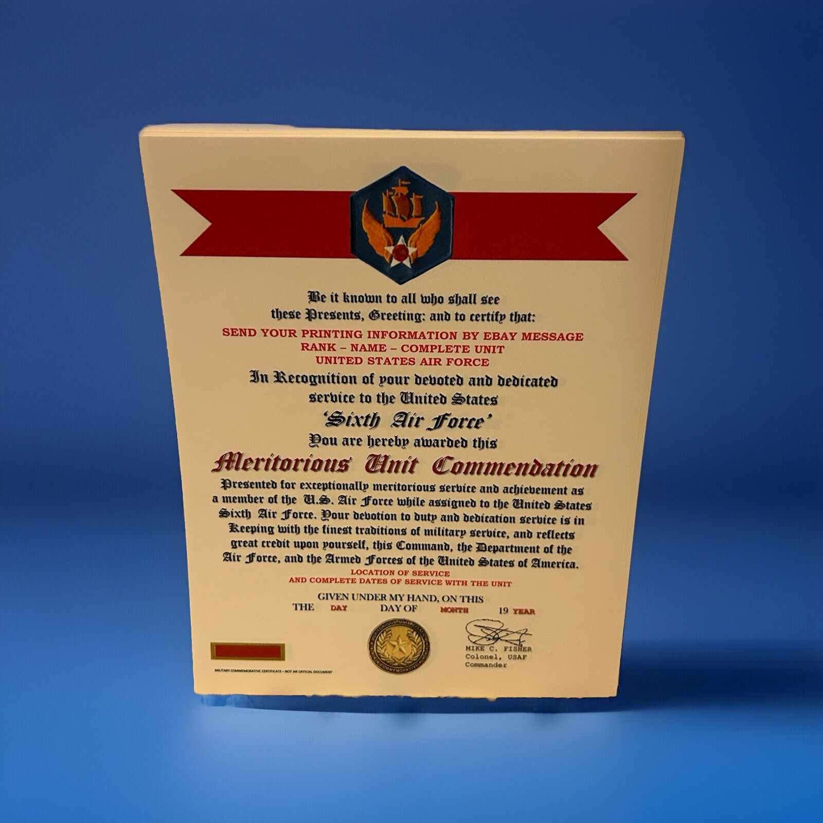 U.S. AIR FORCE / 6TH AIR FORCE - MERITORIOUS UNIT COMMENDATION CERTIFICATE