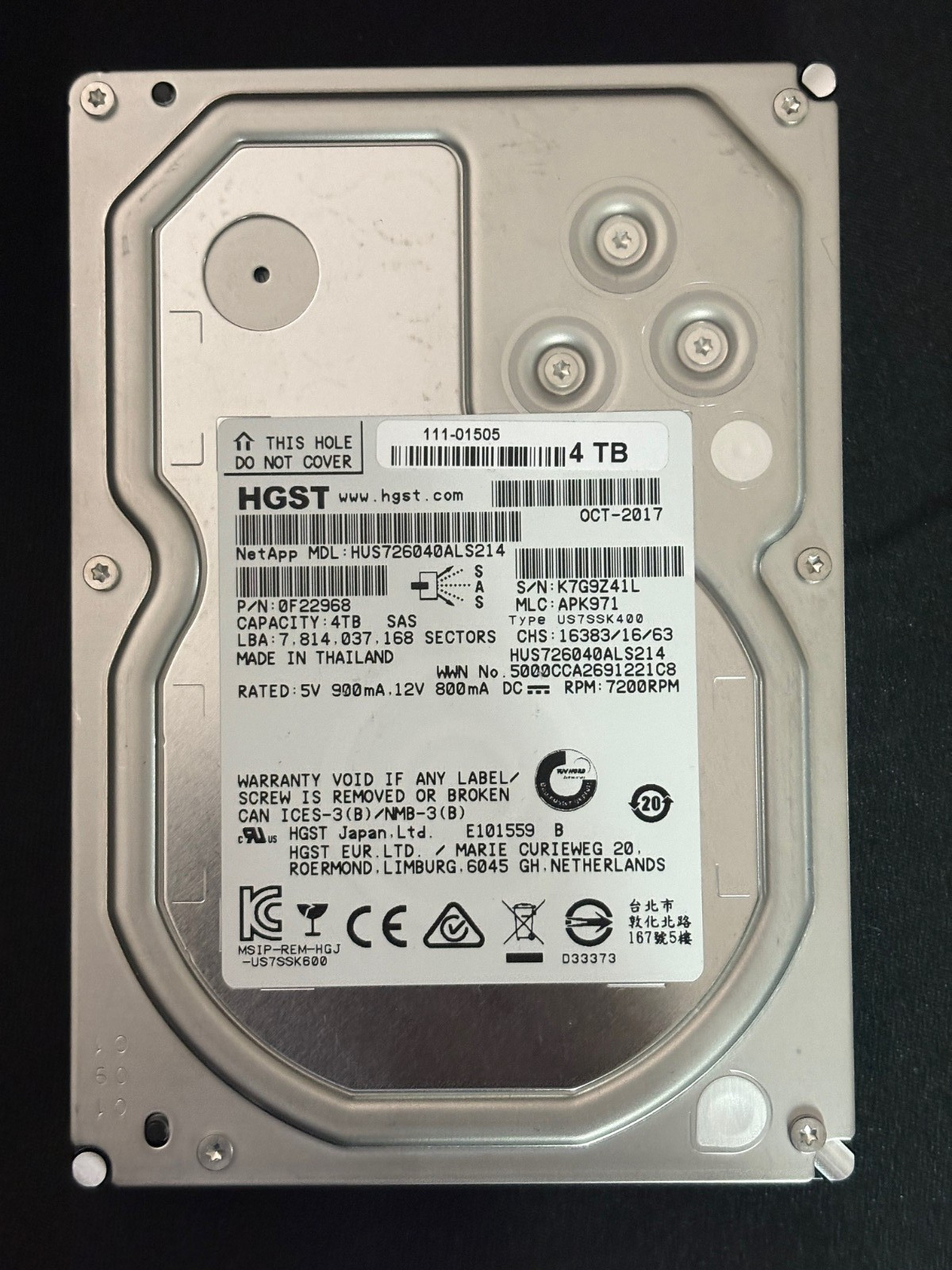 NetApp 111-01505  4TB SAS Disk Drive - 6Gbps - DA - HUS726040ALS214 - 0F22968
