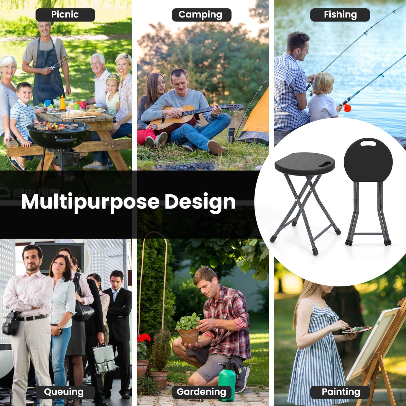 18"H Folding Stool Portable & Foldable Camping Chair w/ Built-in Handle