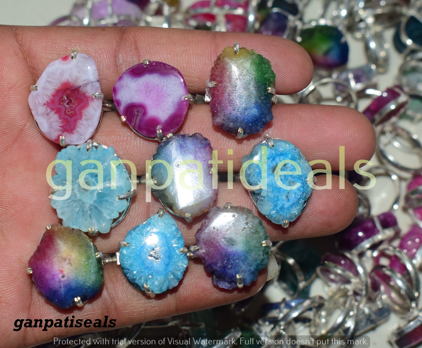SALE ! Quartz Druzy Gemstone Rings 5pcs Wholesale Lots 925 Silver Plated Jewelry