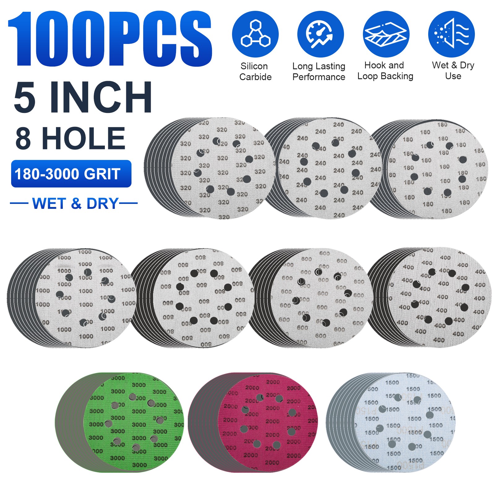 100x 5"Sanding Disc 180-3000Grit Hook Loop 8-Hole Sandpaper Orbital Sander Paper