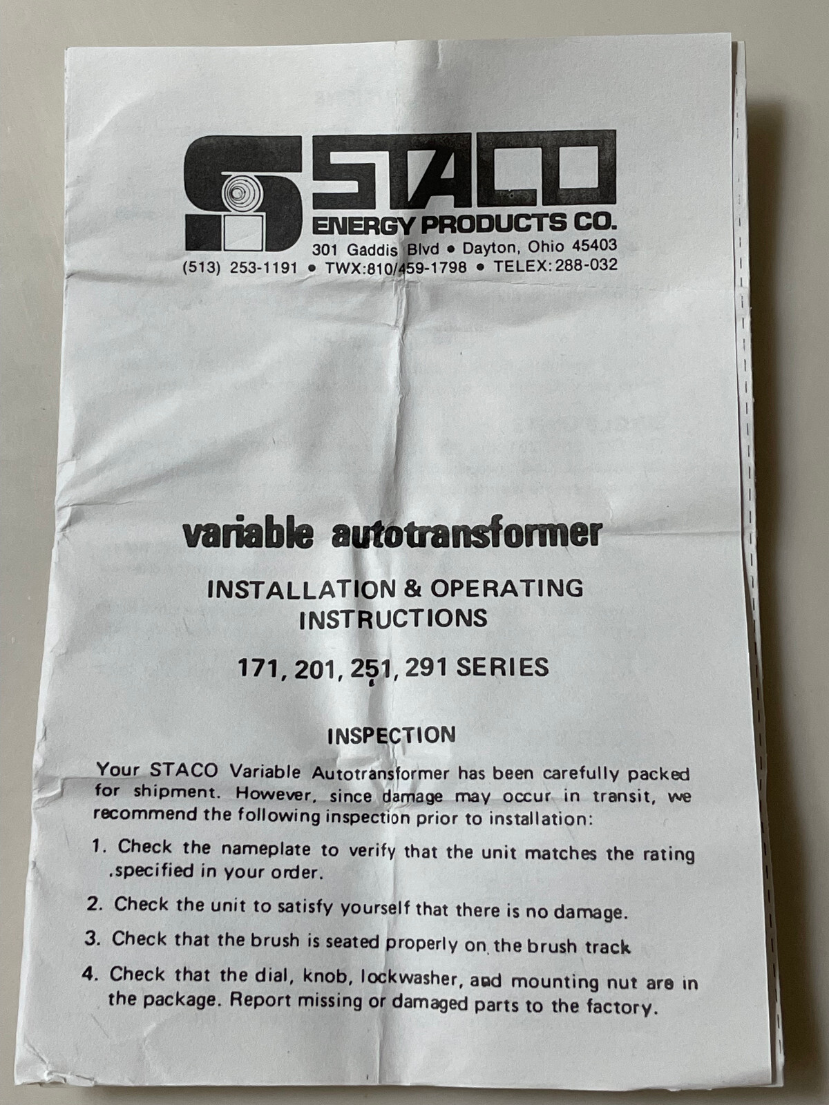 Staco Type 251 Variable Autotransformer - Panel Mount