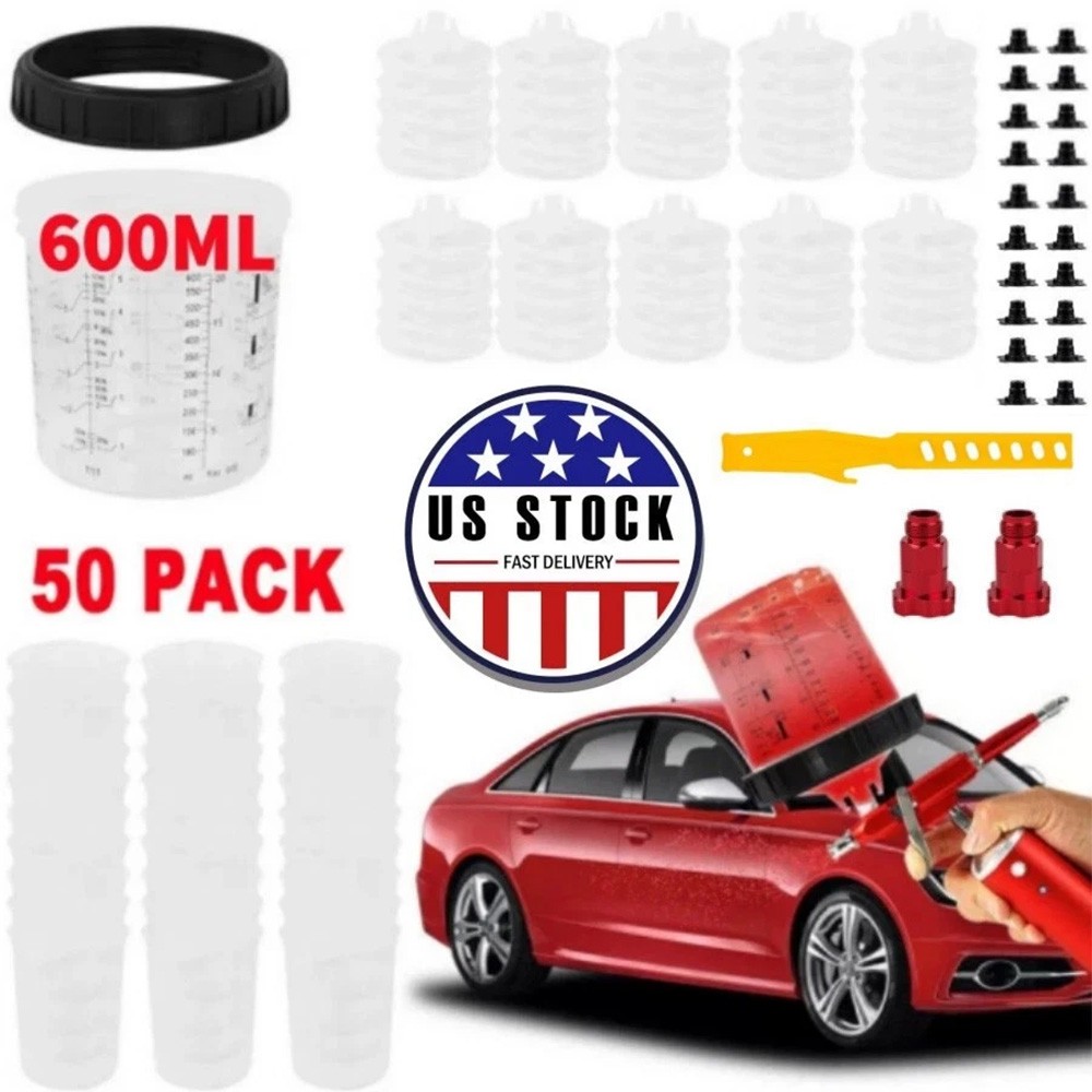 50 Pack Disposable Paint Spray Gun Cup Liners & Lid System Kit 20oz 600ML Cups