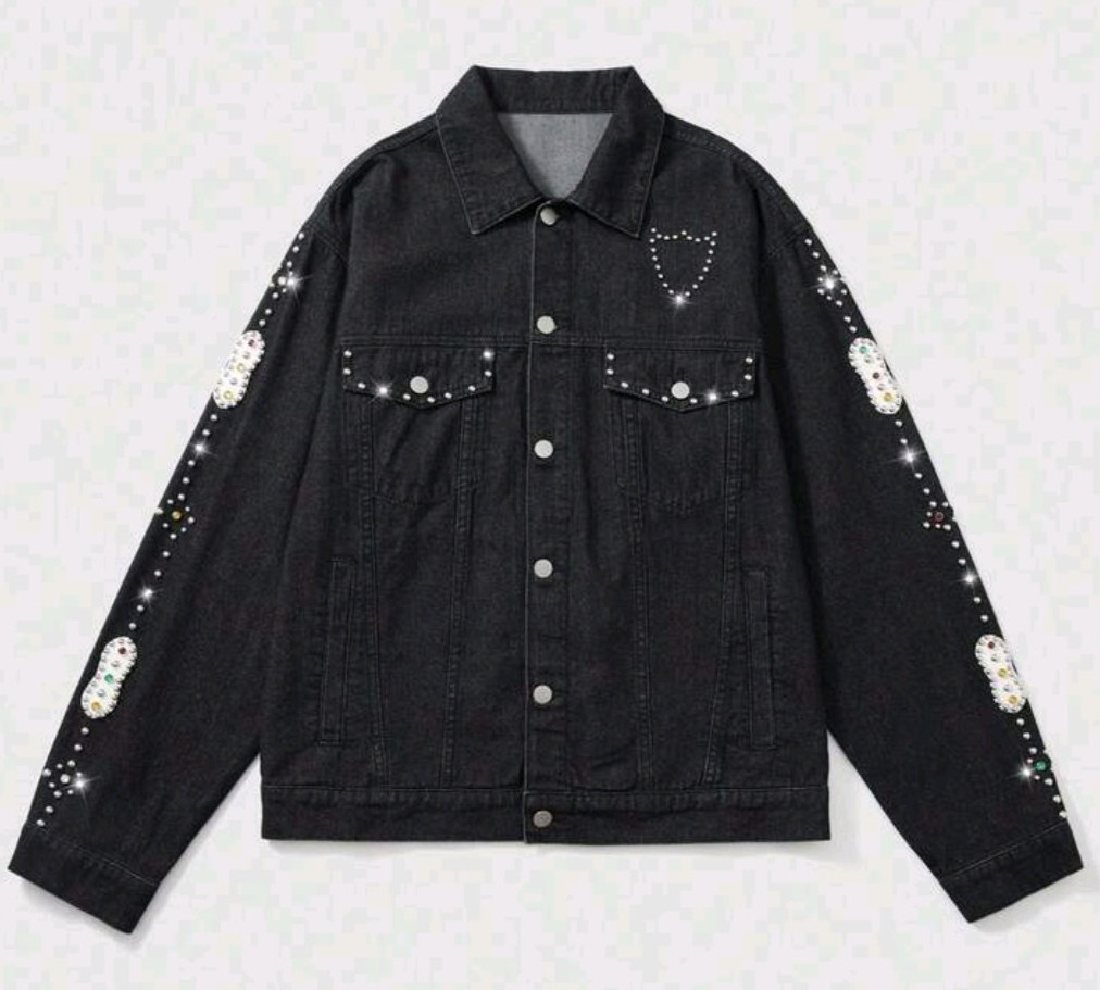 New Men Luxury Diamond Rhinestones Denim Black Jeans Jacket High Quality