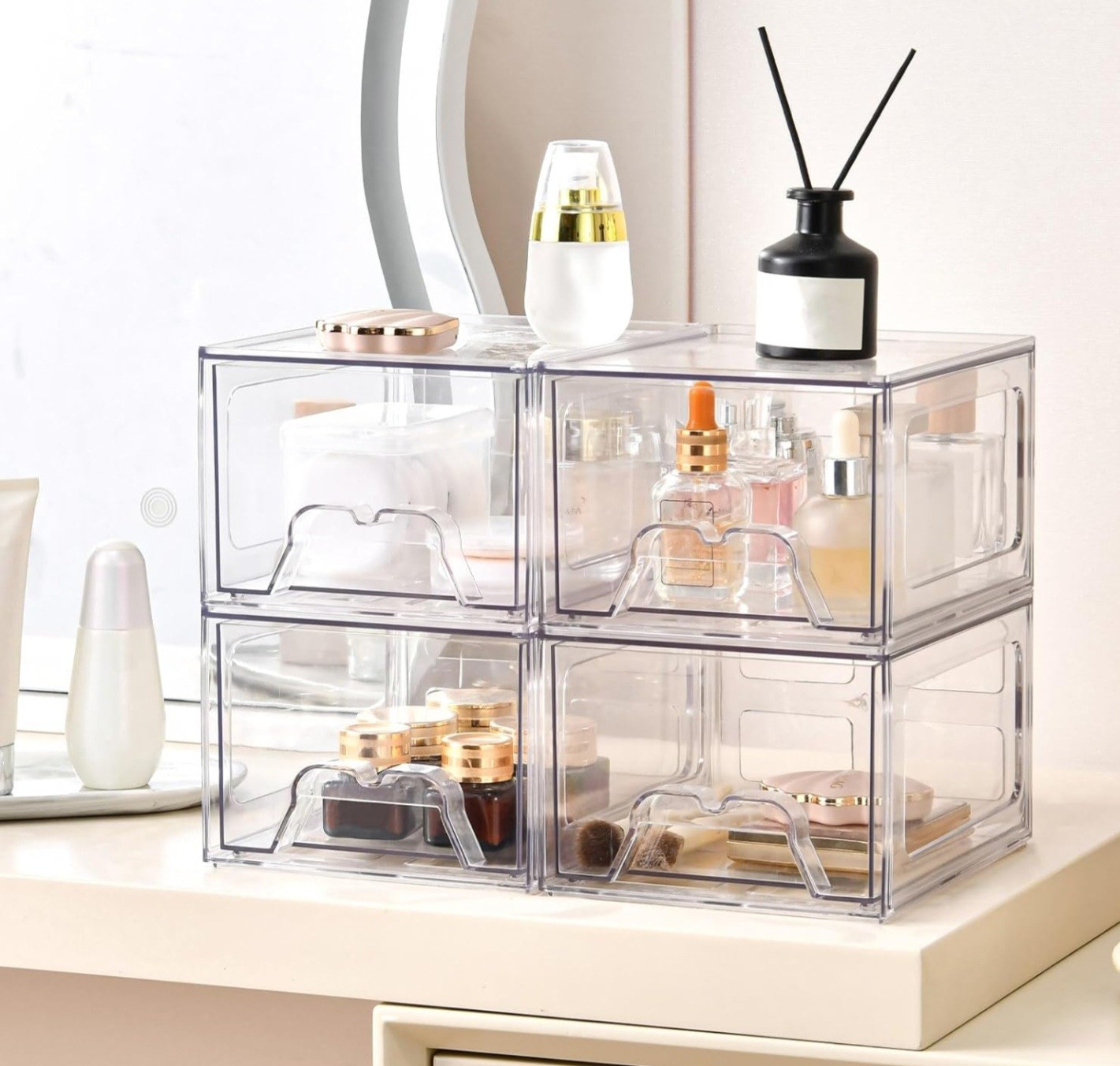 Clear Stackable Plastic Drawer Storage Boxes Set of 6, Anti-Slip, Modern