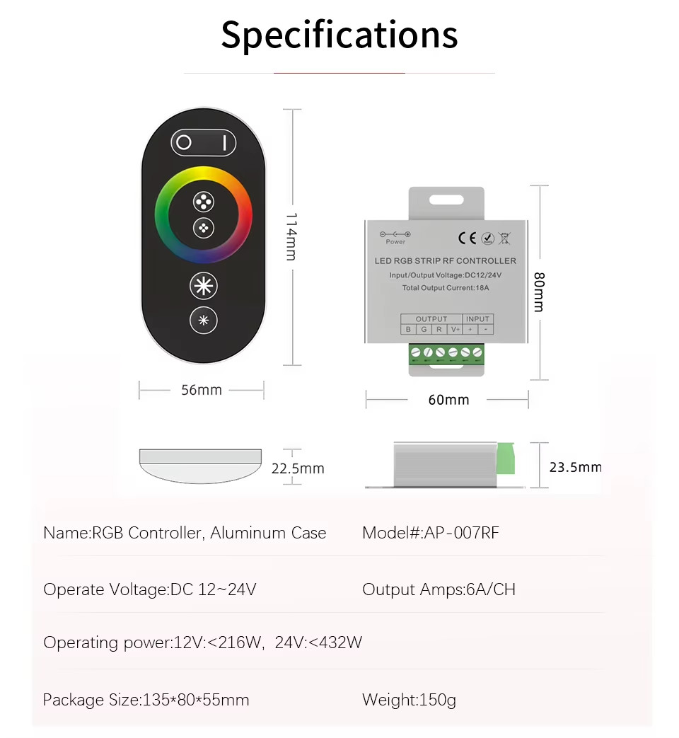 LED RGB Strip Controller 18A DC12V 24V RF Wireless Touch Remote Control Dimmer