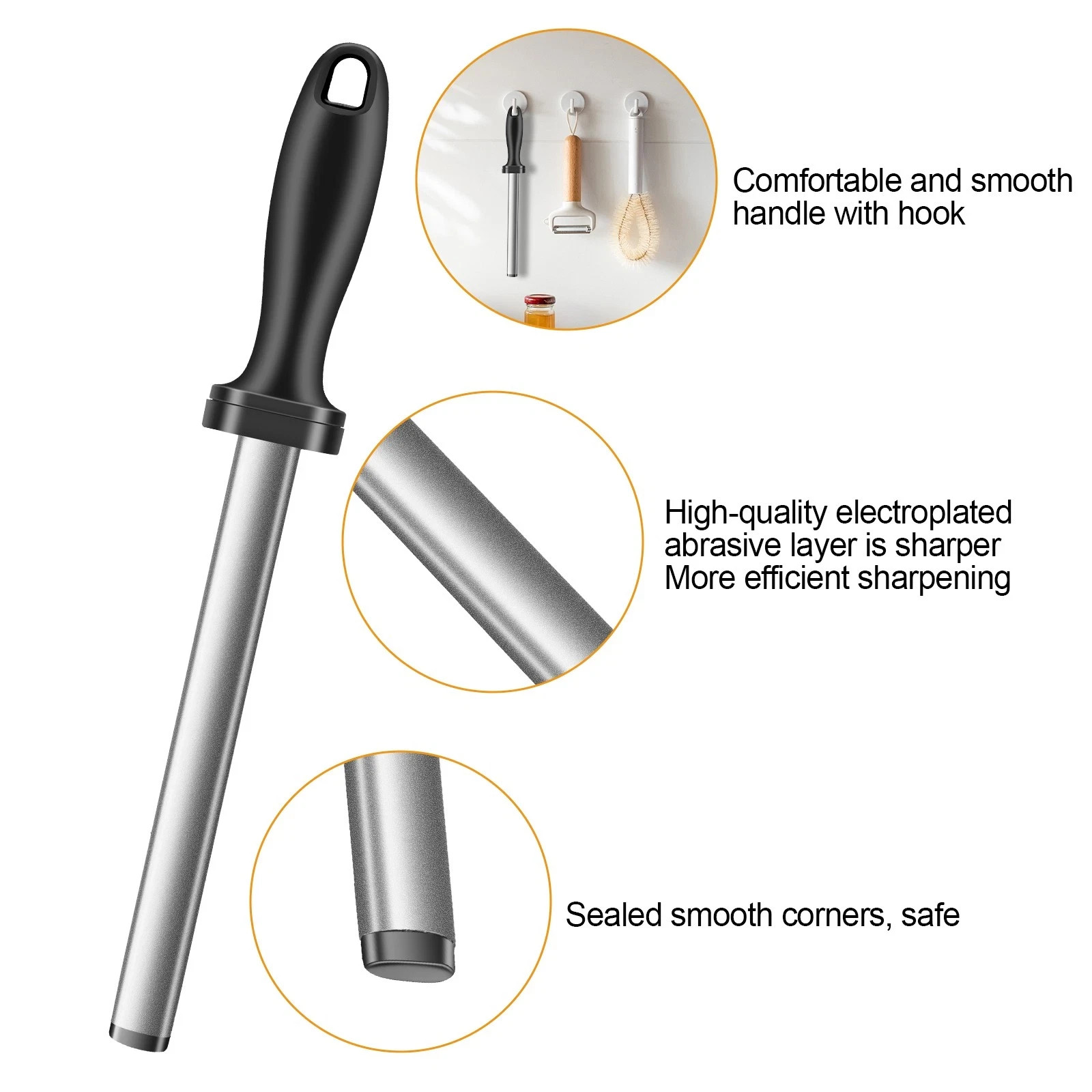 8" Diamond Knife Sharpener Flat Sharpening Rod w/ Handle for Chef Kitchen Knives