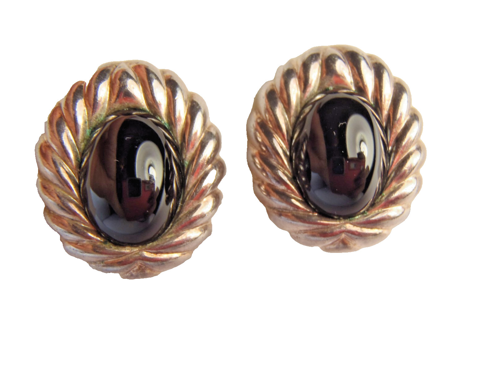 Silver Tone Faux Jet Black Onyx Cabochon Stud Earrings Pierced FREE SHIPPING