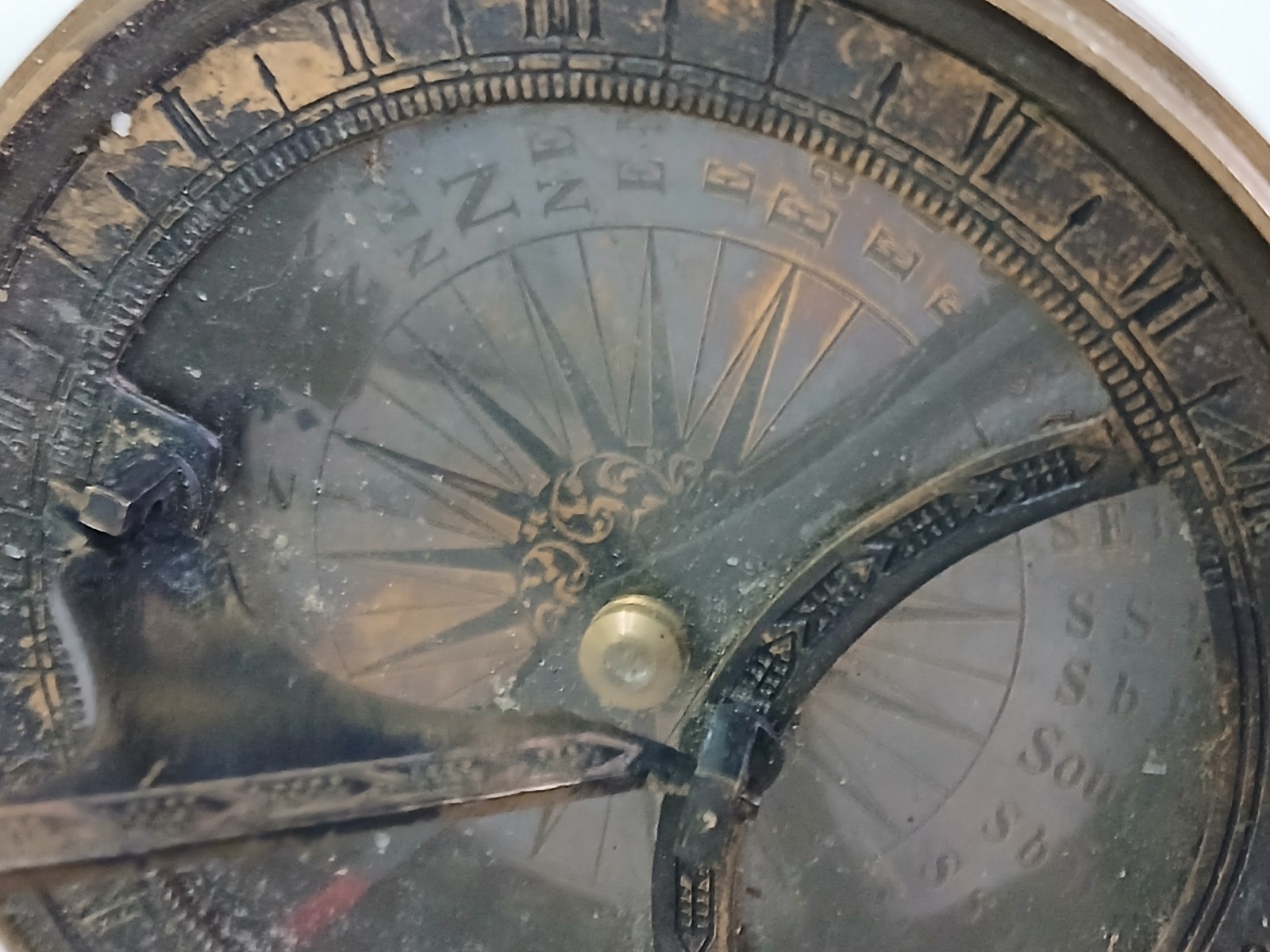 Maritime Incised Brass And Glass Compass With Foldable Arc Works Under Glass