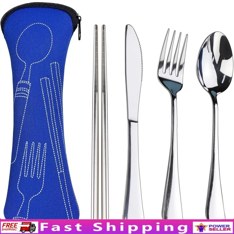 Portable Stainless Steel Cutlery Set 5PCS Knife Fork Spoon Chopsticks Case New