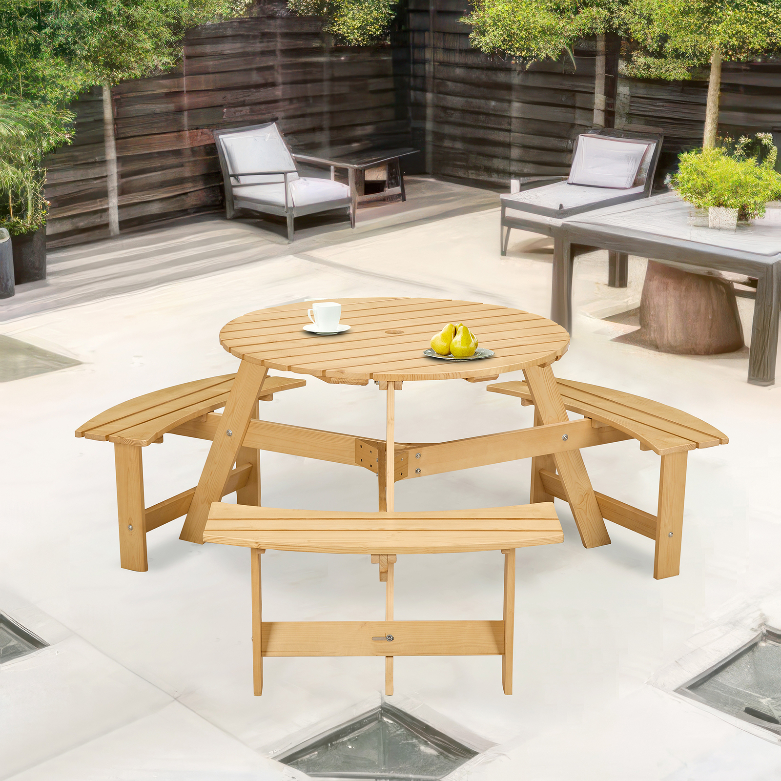 6-Person Outdoor Round Wooden Picnic Table w/3 Built-in Benches & Umbrella Hole