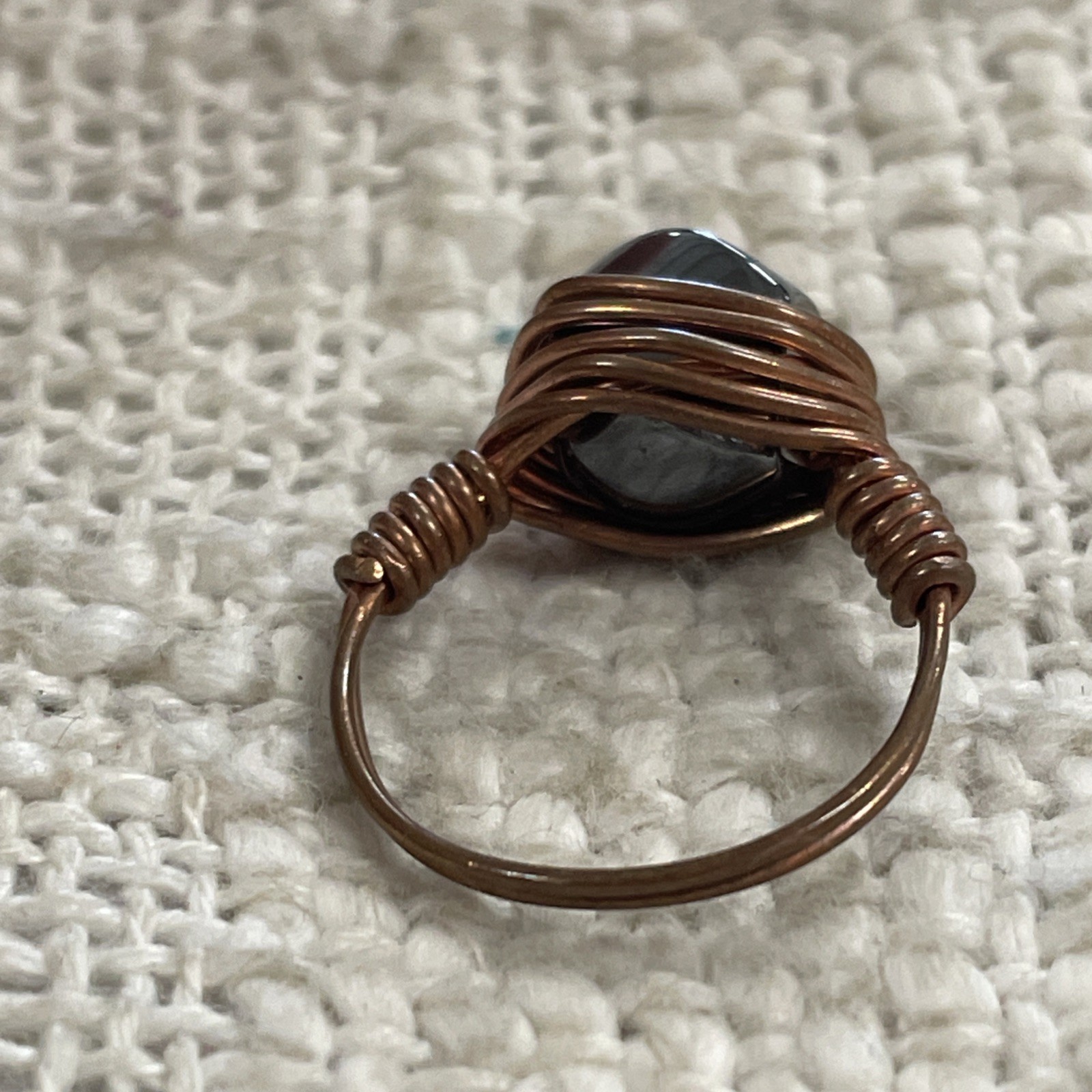 Copper Wire Wrapped Polished Gray Stone Ring Size 6.25