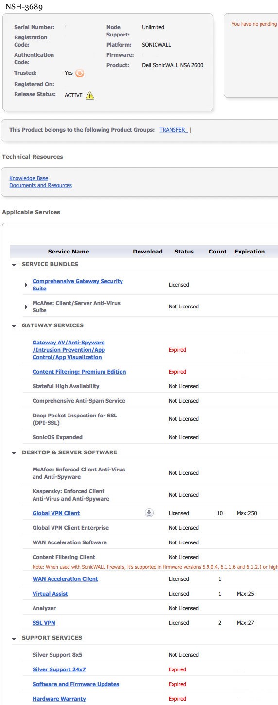 SonicWall NSA 2600 01-SSC-3860 1.9 Gbps Firewall - TRANSFER READY
