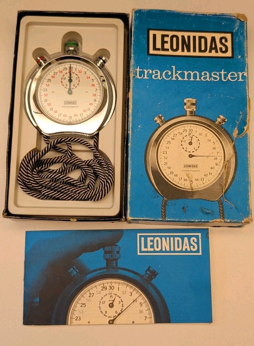 Leonidas Trackmaster Stopwatch Swiss Made w/ Box & Manual  Tested  Works