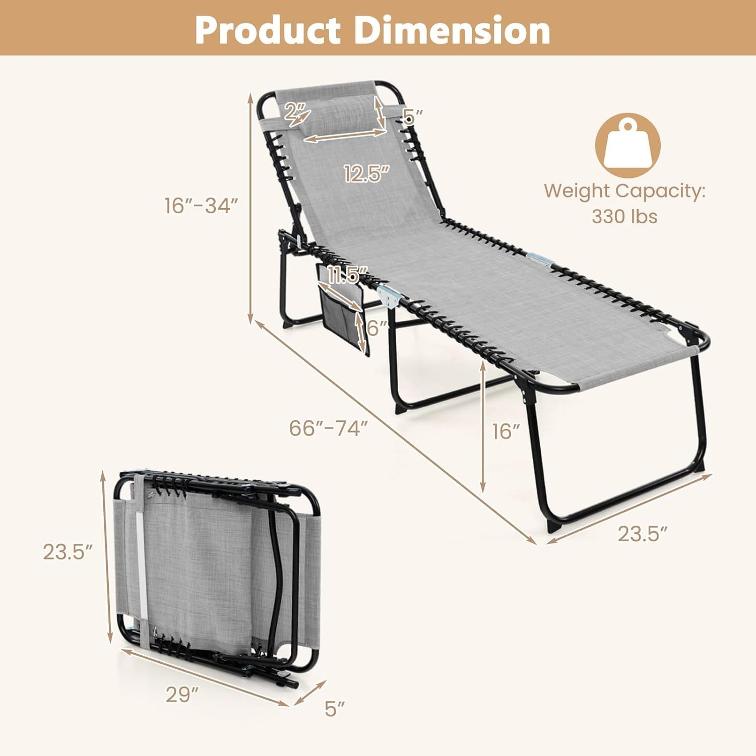 Grey Foldable Patio Lounge Chair with Headrest, 4-Position Adjustable Backrest