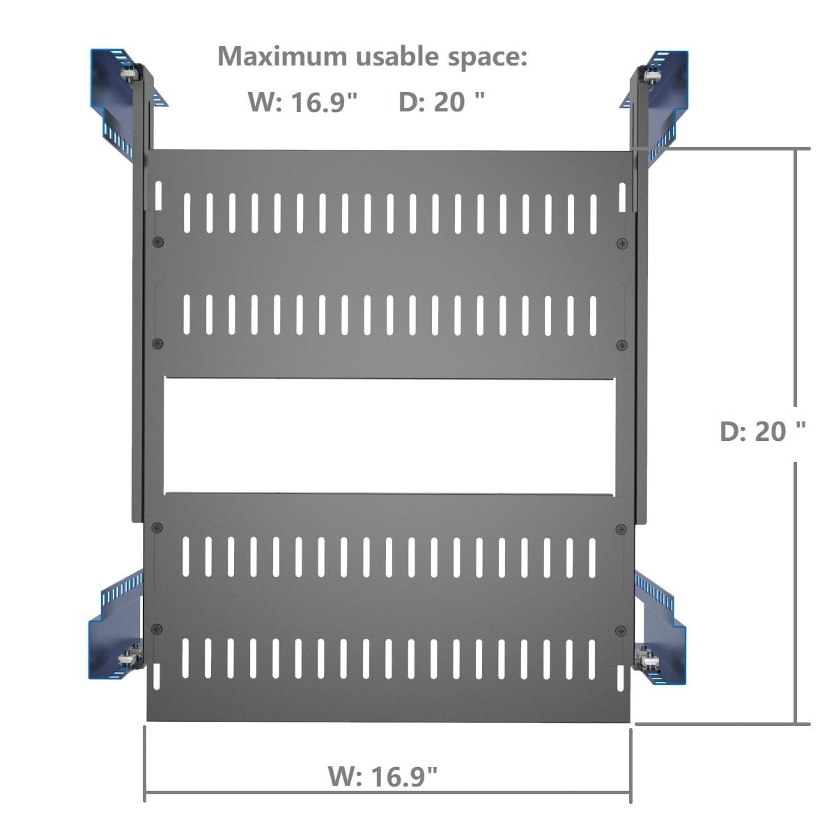 1U Vented 4-Post Adjustable Server Shelf- Universal Tray 16.5-29" Adjustable