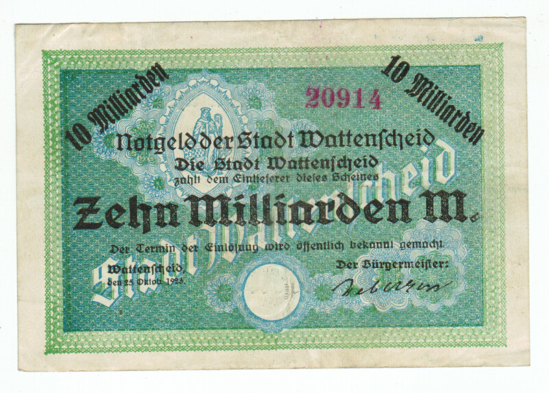 GERMANY BANKNOTE 10 BILLION MARK STADT-WATTENSCHEID 1923