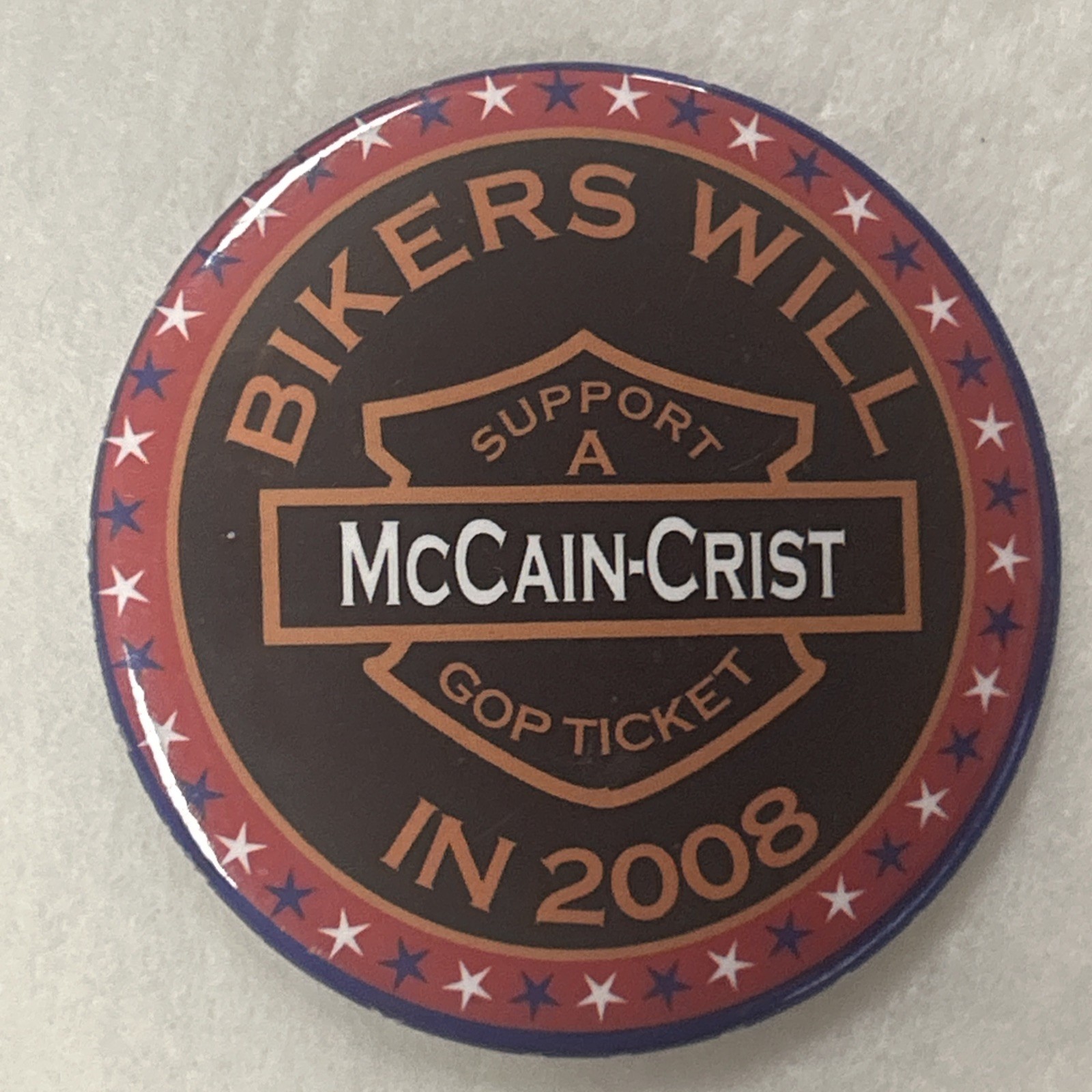 Bikers Will Support McCain Crist GOP Ticket 2008 Florida coattail 2 1/2” pinback