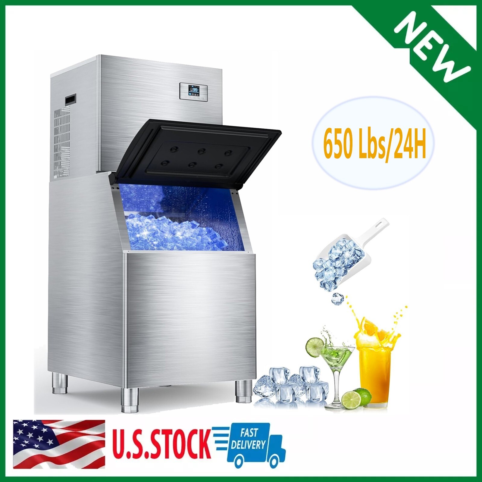 650Lbs/24H Commercial Ice Maker Machine 400Lbs Storage Bin 210Pcs/CycleIce Cubes