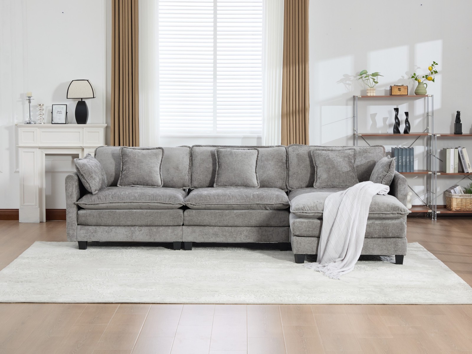 3-Seat Sectional Sofa Cloud Couch, Gray Chenille Fabric Medium-Soft