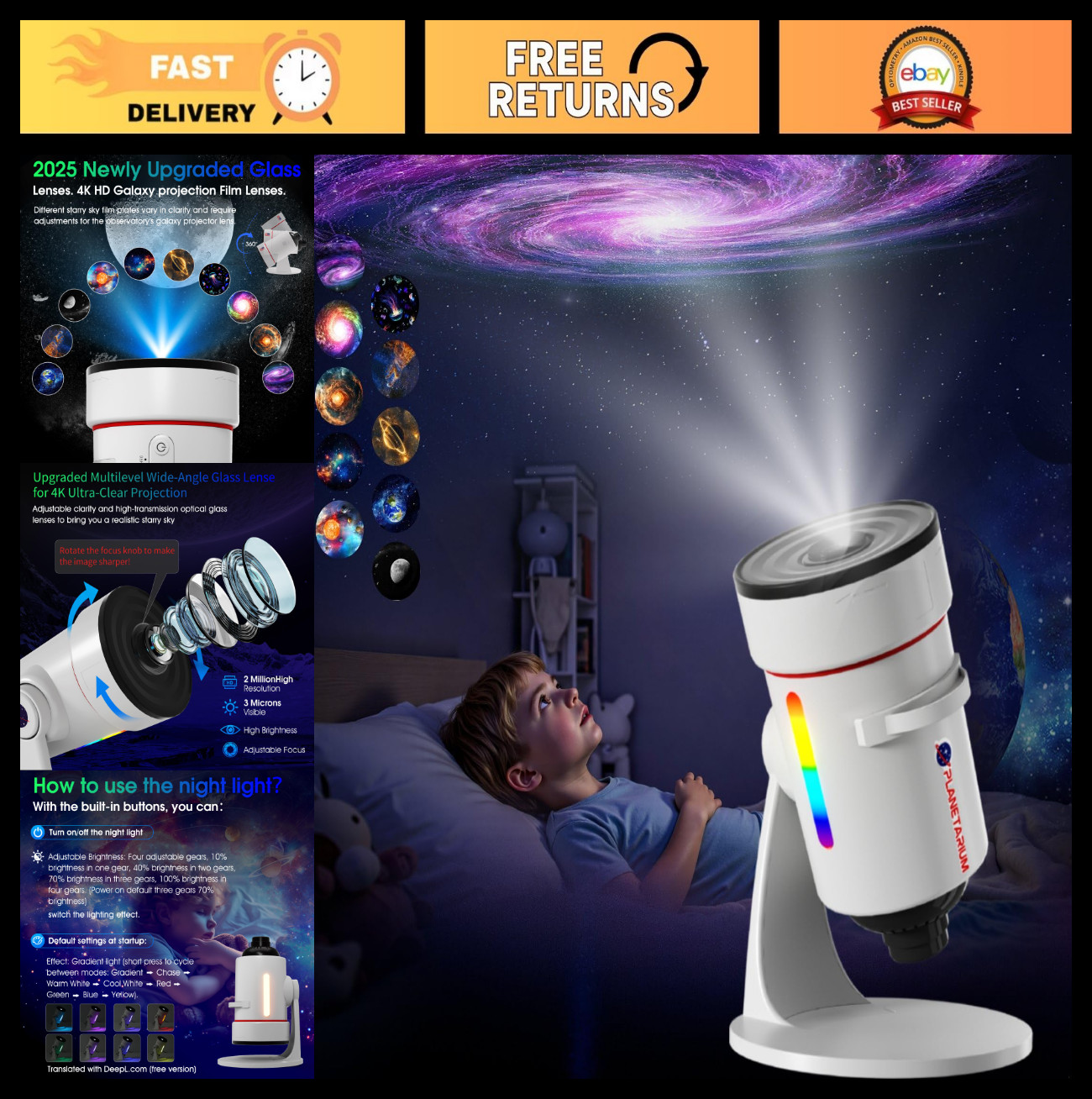 4K HD Galaxy Star Projector, 10 Slides, 360° Rotation, Timer, LED Night Light fo