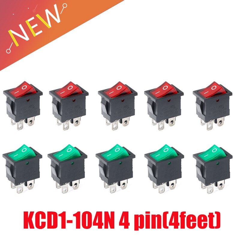 10pcs Ship type switch/ Small Rocker Switch KCD1-104N 4 pin with light 6A 250V
